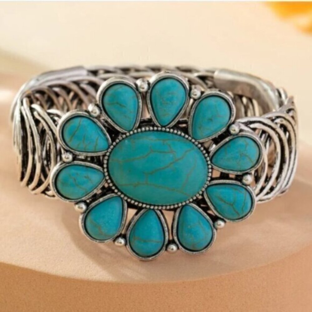 Green Sunflower Turquoise Bangle Western Native American Bracelet